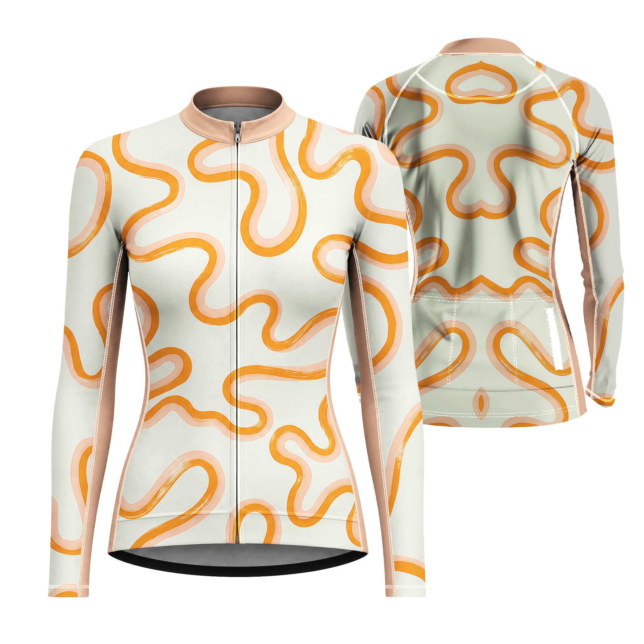 Dual front and back flat layout of ladies long sleeve cream orange two-tone wavy curve full zip bike jersey isolated white background
