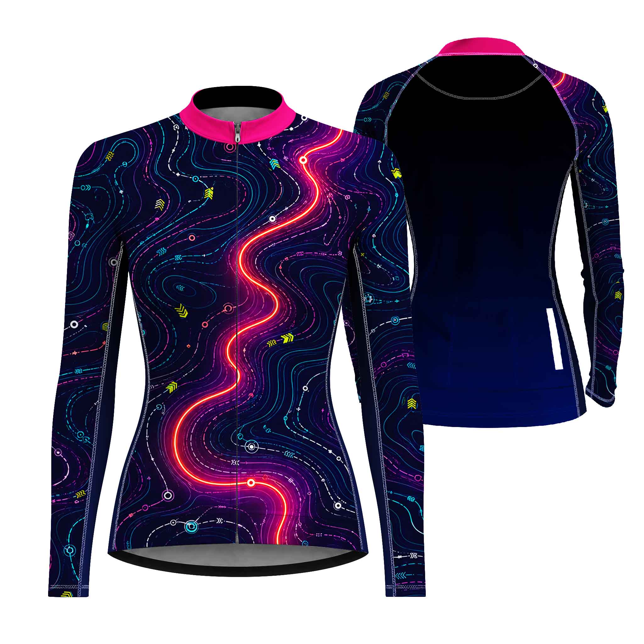 Dual front and back flat layout of ladies long sleeve neon glowing circuit streamline full zip bike jersey isolated white background
