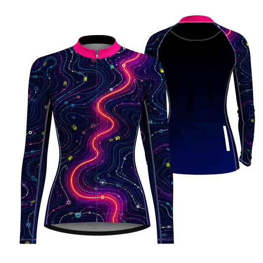 Dual front and back flat layout of ladies long sleeve neon glowing circuit streamline full zip bike jersey isolated white background
