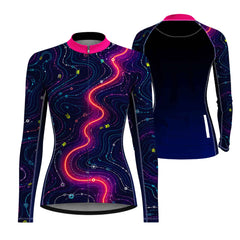 Dual front and back flat layout of ladies long sleeve neon glowing circuit streamline full zip bike jersey isolated white background
