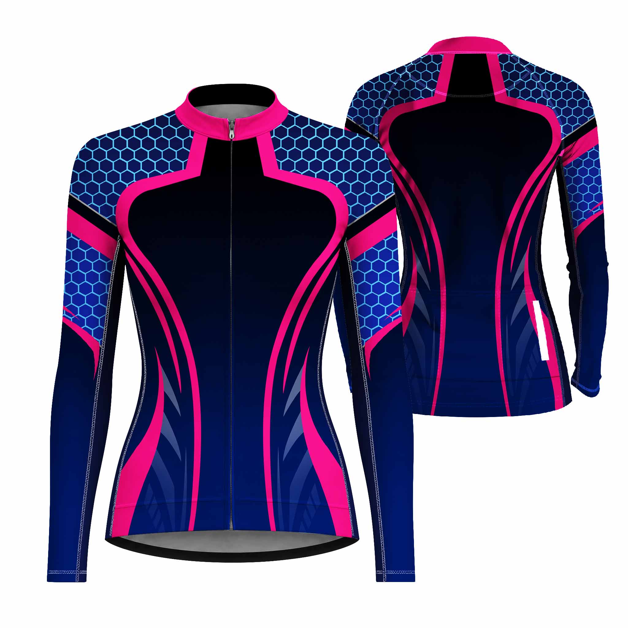 Dual front and back flat layout of ladies long sleeve navy hexagon pink streamline full zip racing bike jersey isolated white background
