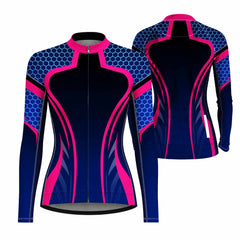 Dual front and back flat layout of ladies long sleeve navy hexagon pink streamline full zip racing bike jersey isolated white background
