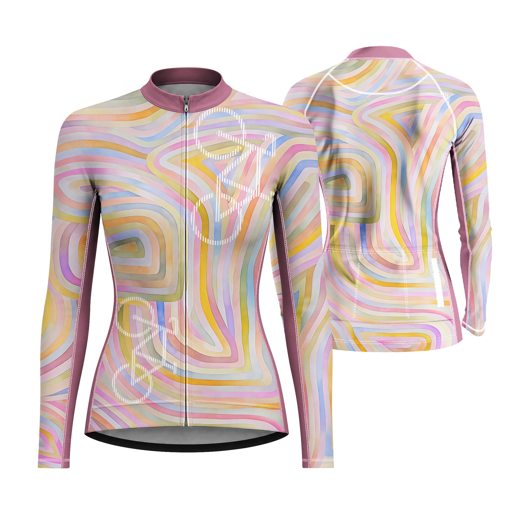 Dual front and back flat layout of ladies long sleeve pastel rainbow swirl full zip bike jersey isolated white background
