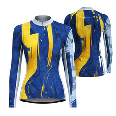 Dual front and back flat layout of ladies long sleeve royal blue gold textured brush curve full zip racing bike jersey isolated white background
