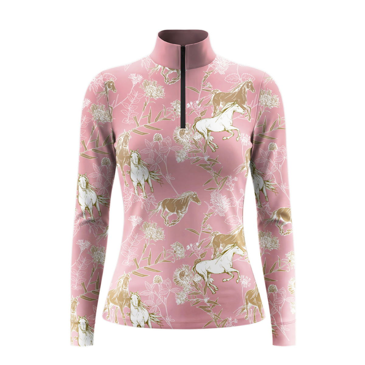 White‑background studio mockup of dusty‑rose‑pink quarter‑zip long‑sleeve riding top with galloping‑horse wild‑floral all‑over print