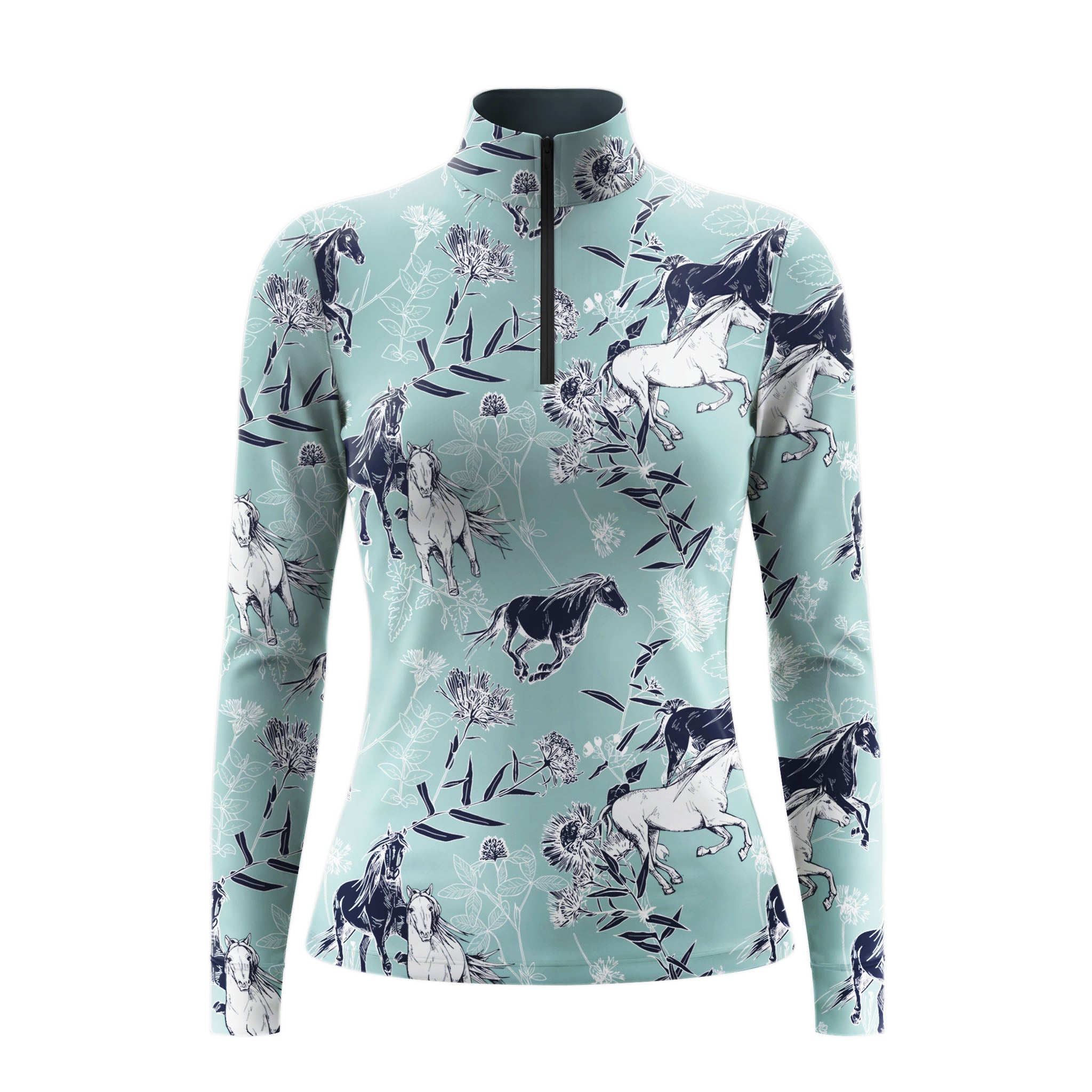 Clean white‑background studio mockup of muted sage teal quarter‑zip long‑sleeve riding top with galloping‑horse wild‑floral all‑over print
