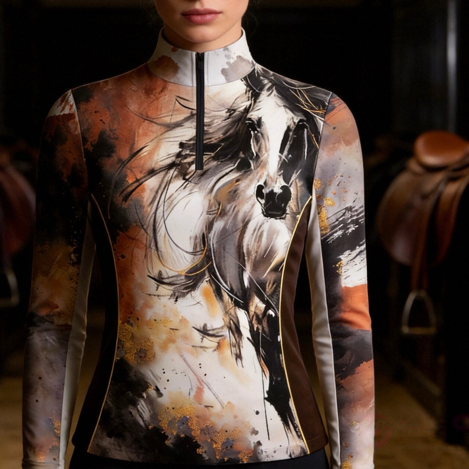 Dim stable background studio shot of rider wearing gold‑accent watercolor stallion print long‑sleeve quarter‑zip riding top