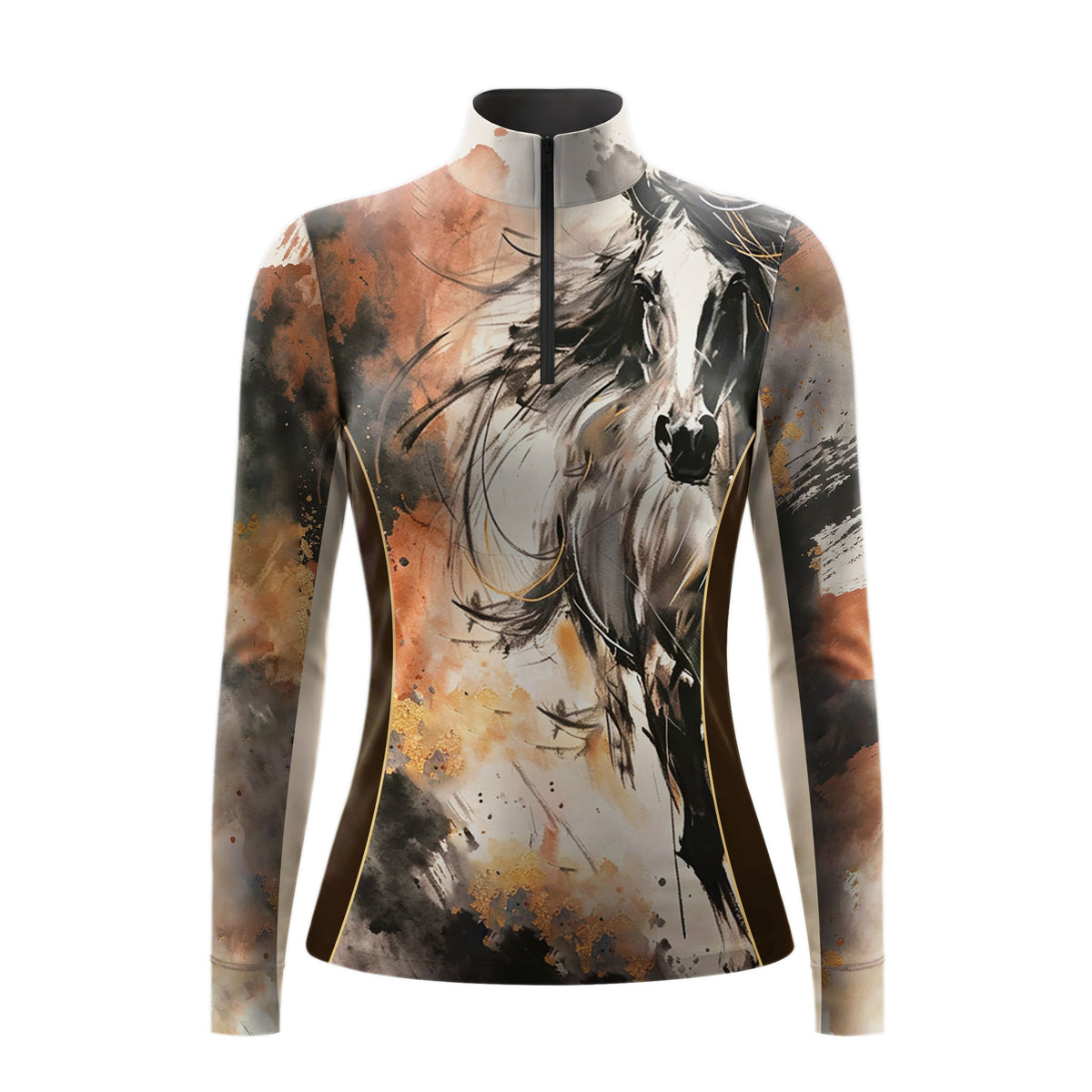 Clean white‑background studio mockup of watercolor stallion gold‑splash color‑block long‑sleeve quarter‑zip riding top