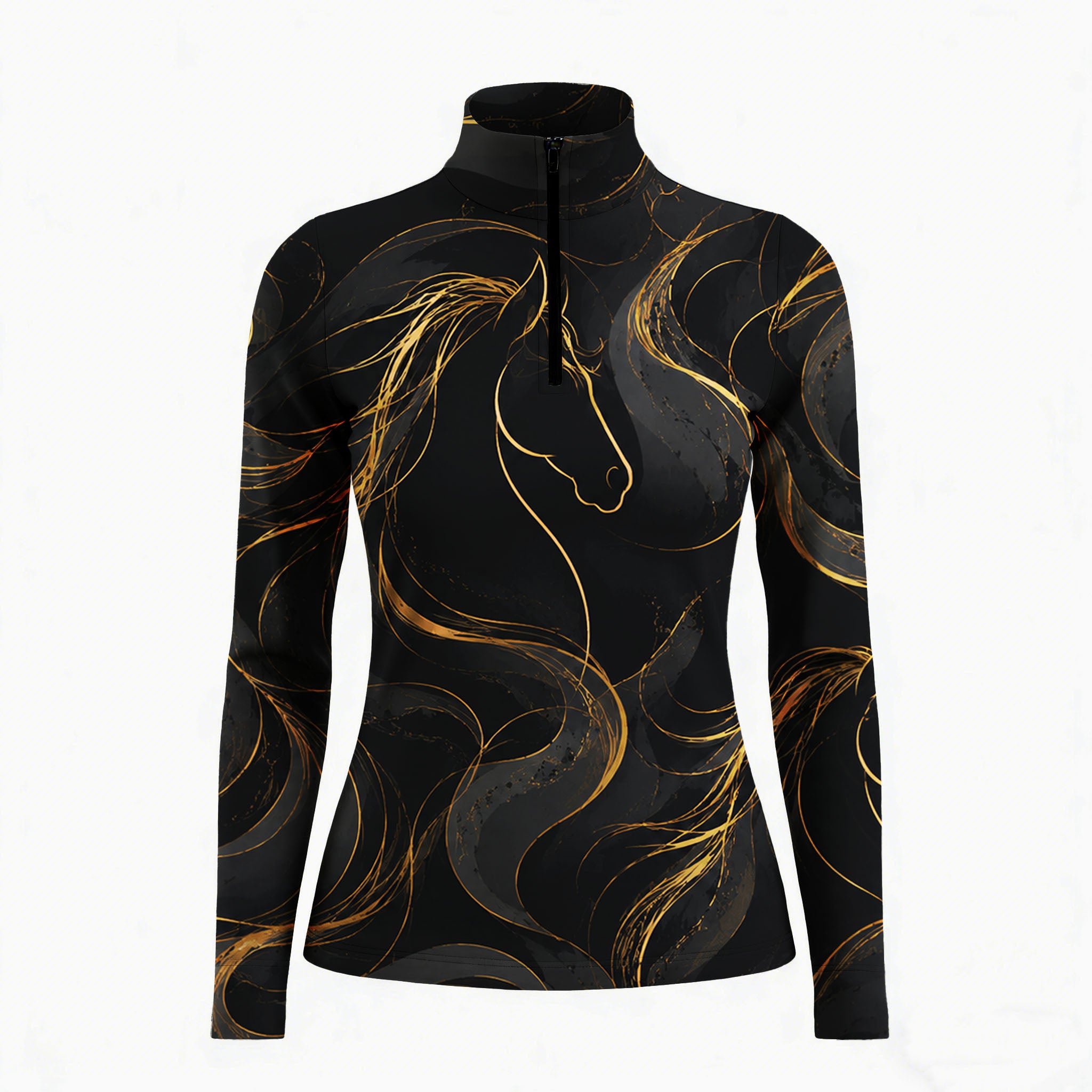 White background studio shot of black gold flowing mane line art horse print long sleeve quarter zip riding top