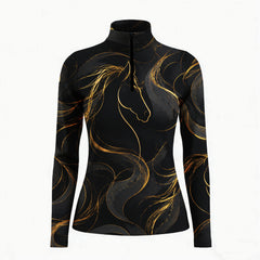 White background studio shot of black gold flowing mane line art horse print long sleeve quarter zip riding top