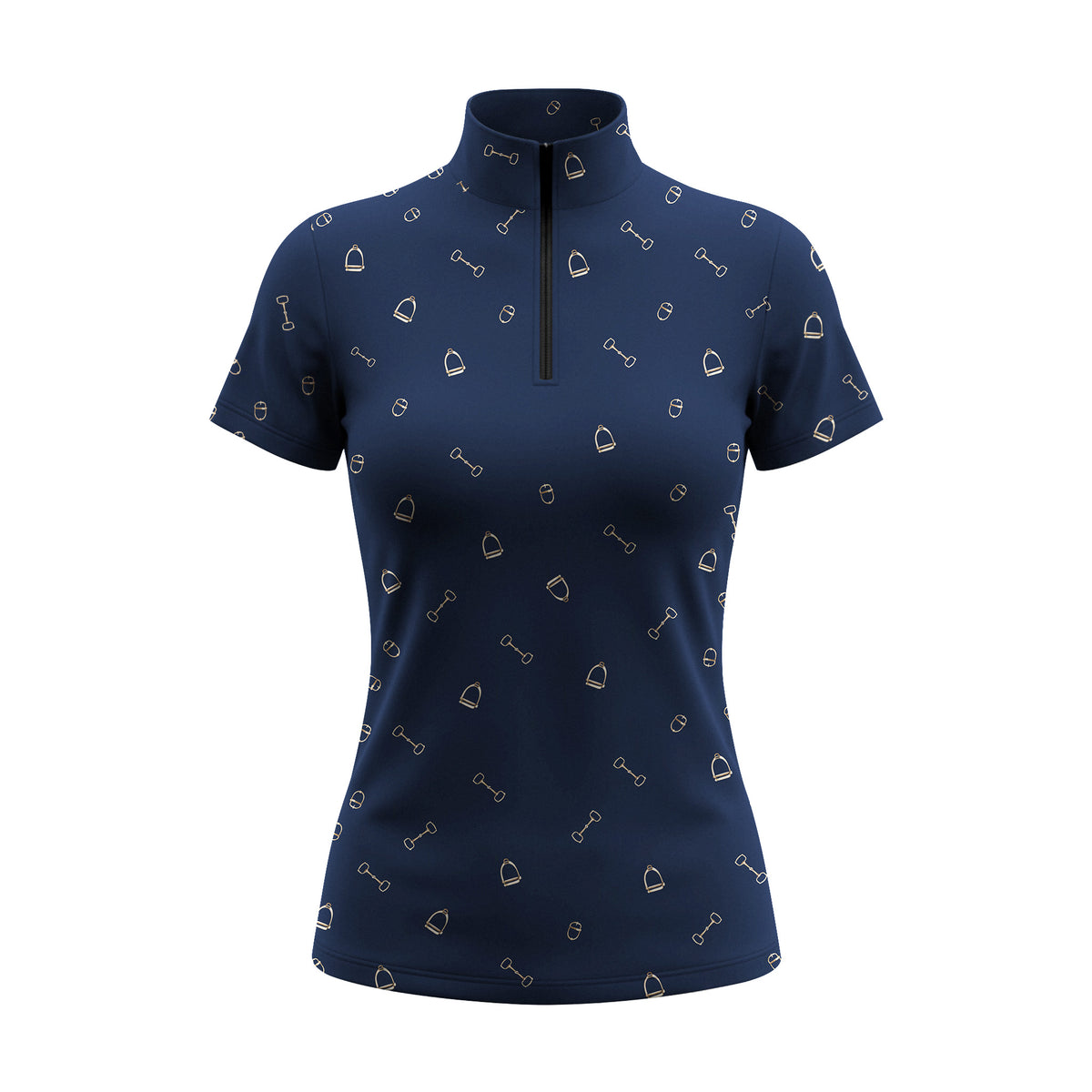 White background studio shot of navy short sleeve quarter zip riding top with allover thin gold stirrup & snaffle line print