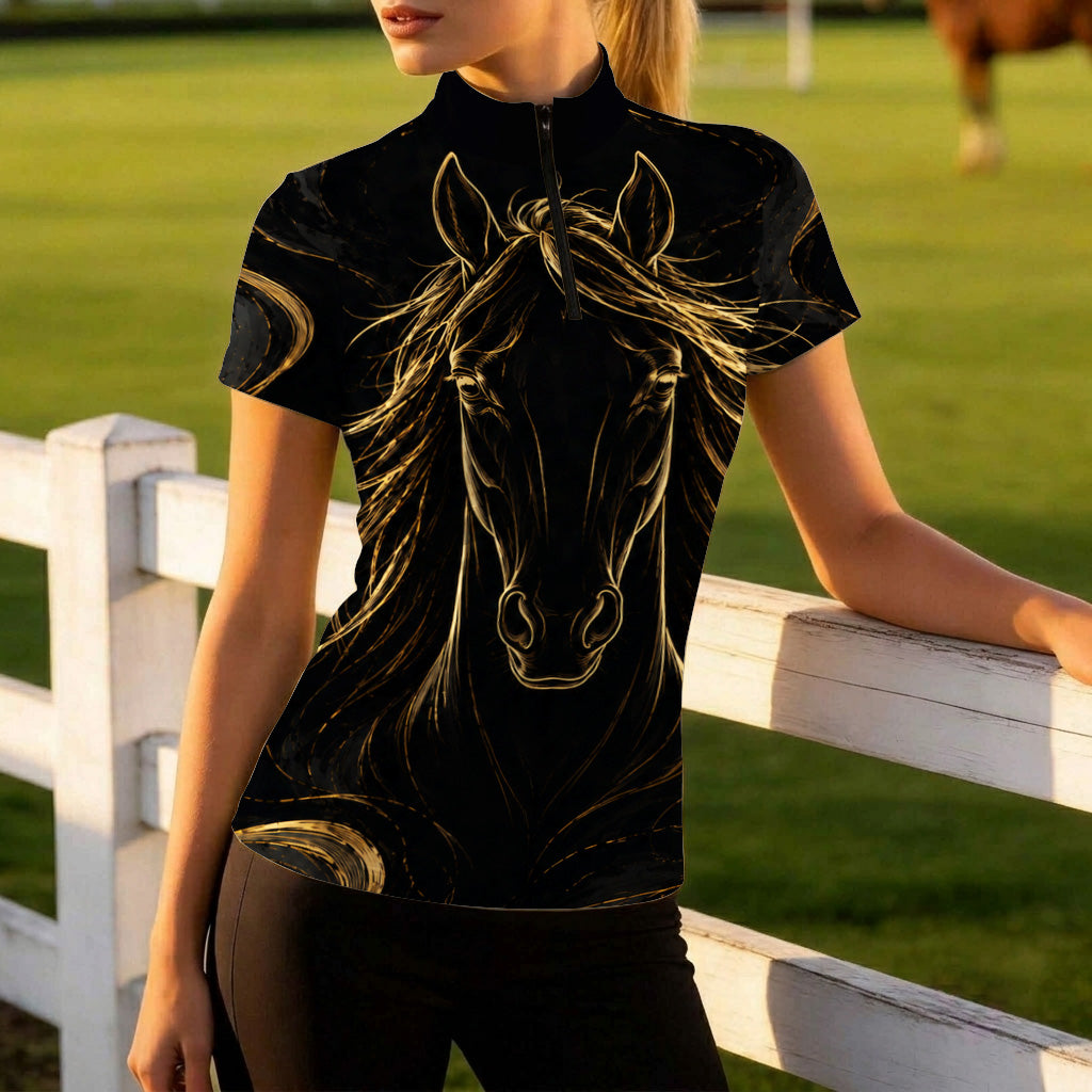 Model leaning on white wooden pasture fence displaying the tailored slim fit and luxury golden horse line art print

