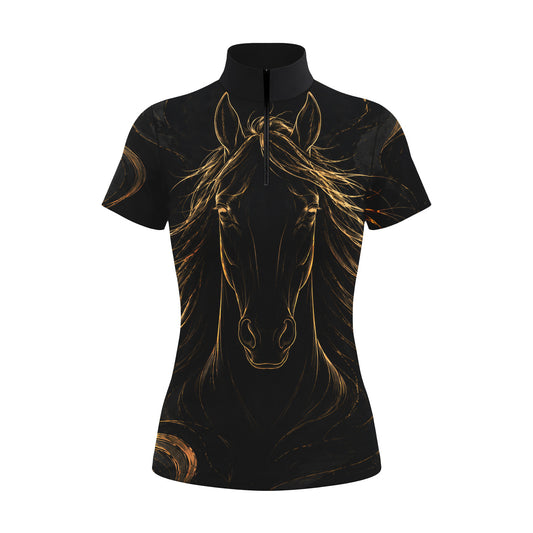 White background studio product shot of black short sleeve quarter-zip riding top with intricate golden line art horse portrait full print
