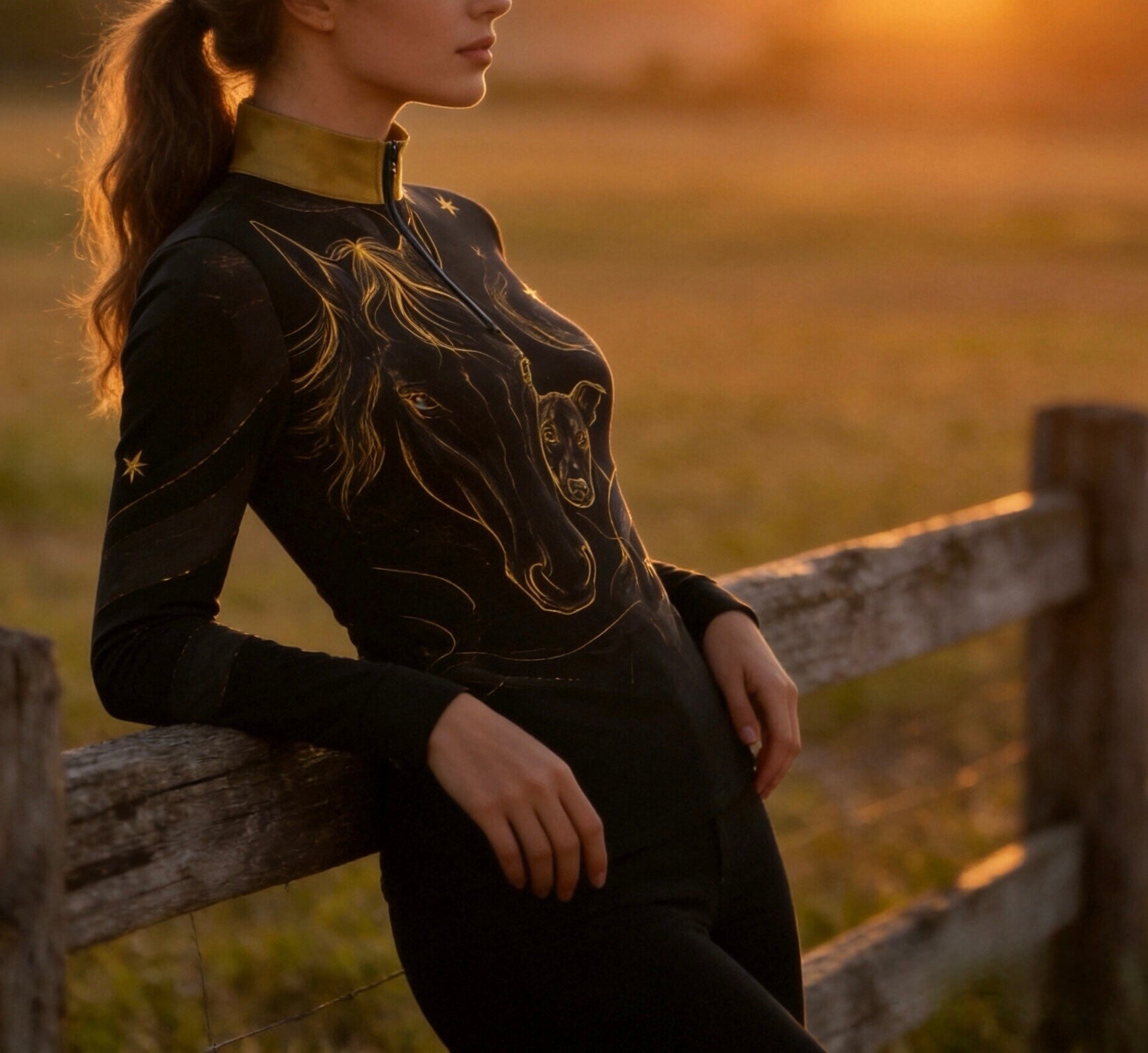 Golden sunset field lifestyle shot of female rider leaning on wooden fence wearing black long‑sleeve riding top with golden horse‑whippet‑celestial‑star print and gold stand collar