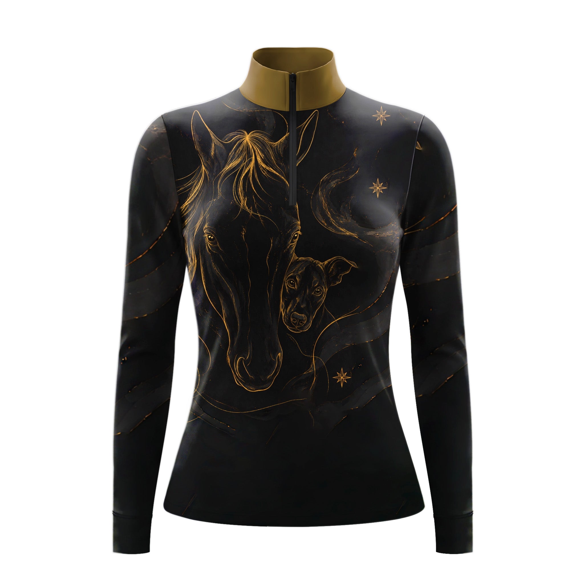Clean white‑background studio mockup of black quarter‑zip long‑sleeve riding top with golden line‑art horse, whippet dog and celestial star print plus gold stand collar