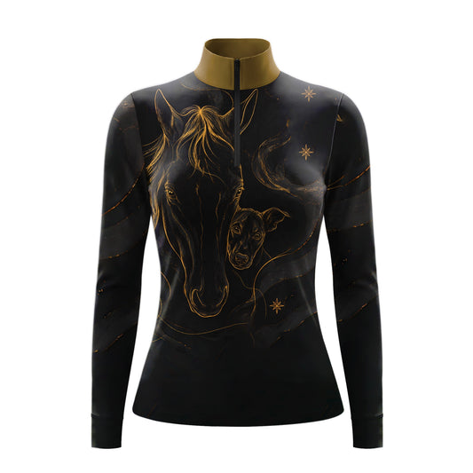 Clean white‑background studio mockup of black quarter‑zip long‑sleeve riding top with golden line‑art horse, whippet dog and celestial star print plus gold stand collar