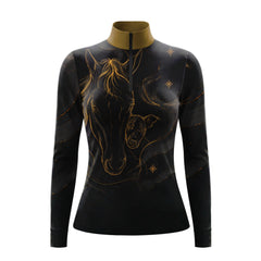 Clean white‑background studio mockup of black quarter‑zip long‑sleeve riding top with golden line‑art horse, whippet dog and celestial star print plus gold stand collar