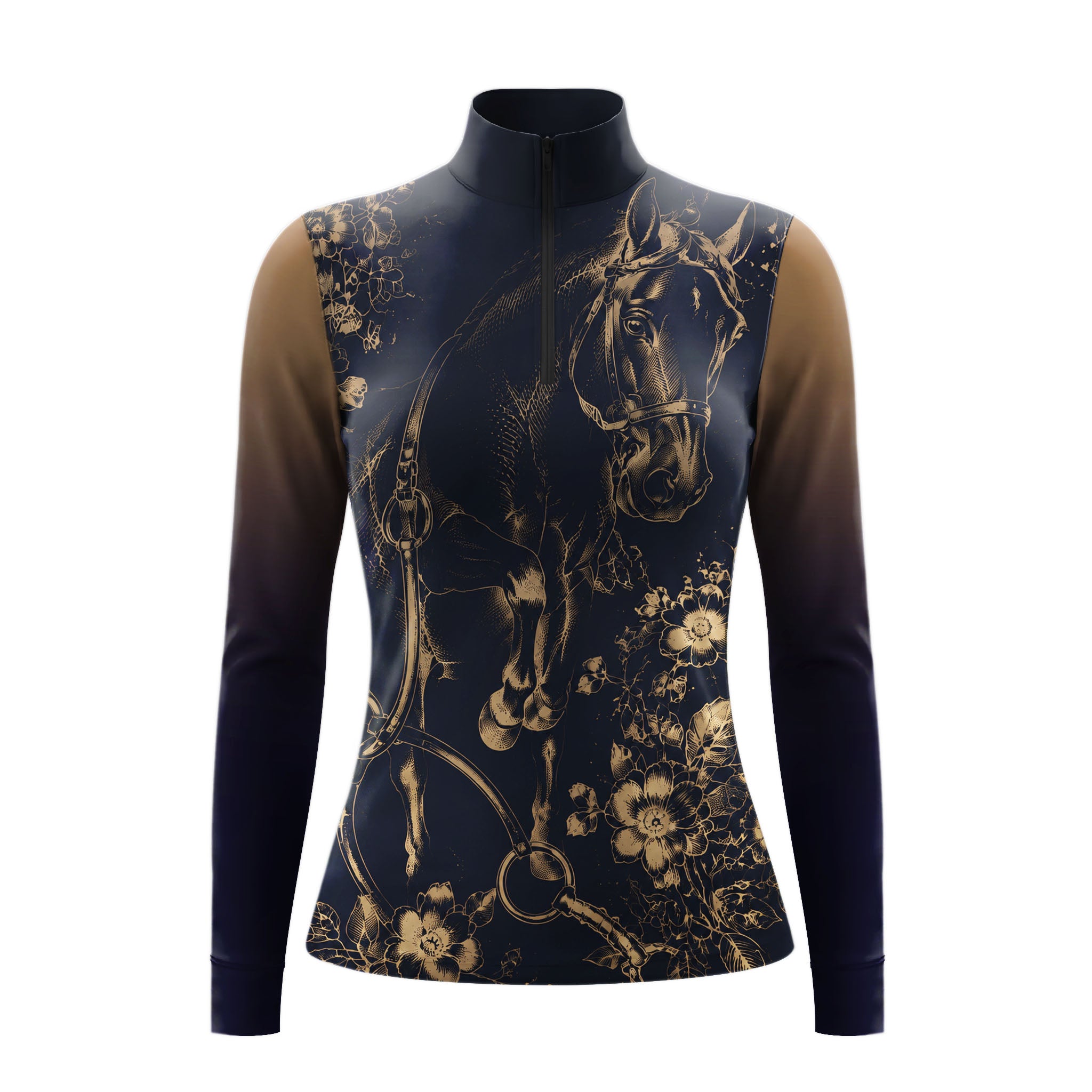 Studio white‑background product mockup of navy gradient‑sleeve long‑sleeve quarter‑zip riding top with golden sketch horse‑head and vintage floral front‑panel print