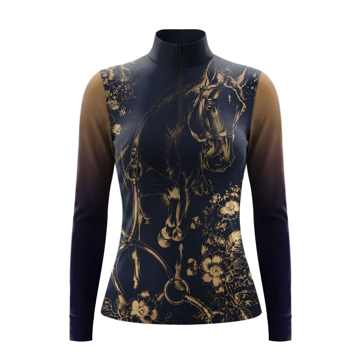 Studio white‑background product mockup of navy gradient‑sleeve long‑sleeve quarter‑zip riding top with golden sketch horse‑head and vintage floral front‑panel print