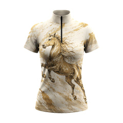 White background studio shot of full allover cream sepia golden watercolor paint splash galloping stallion short sleeve quarter zip riding top
