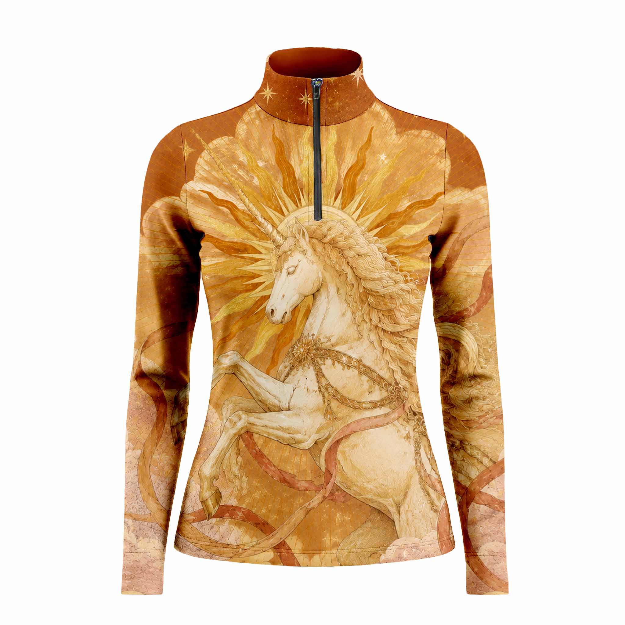 Clean neutral background studio product mockup shot of full golden sunburst white unicorn art print long sleeve quarter-zip riding top