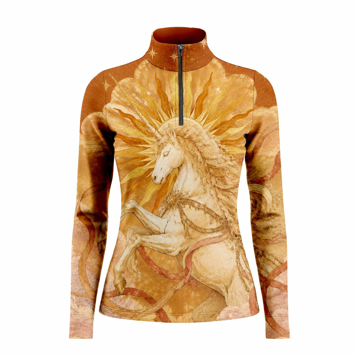 Clean neutral background studio product mockup shot of full golden sunburst white unicorn art print long sleeve quarter-zip riding top