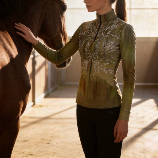 Warm indoor stable golden light side shot of model touching brown horse wearing olive brush gradient white line art pegasus floral long sleeve riding top
