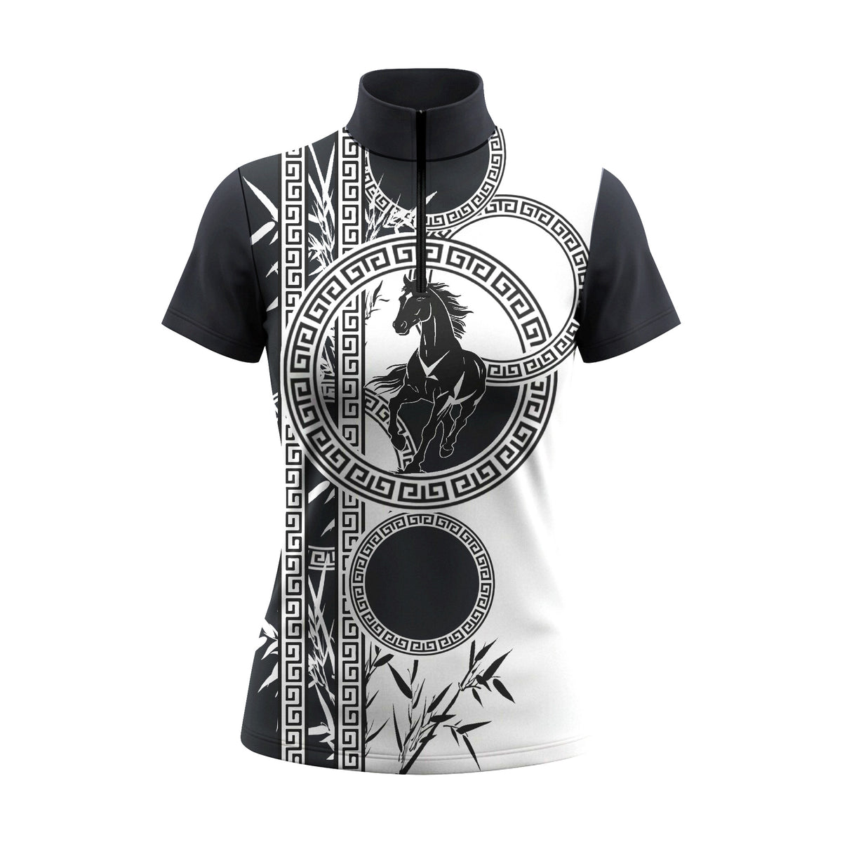 Studio flat view of the Greek Key Bamboo Horse Print Short-Sleeve Quarter-Zip Riding Top, showcasing the full print details
