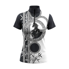 Studio flat view of the Greek Key Bamboo Horse Print Short-Sleeve Quarter-Zip Riding Top, showcasing the full print details
