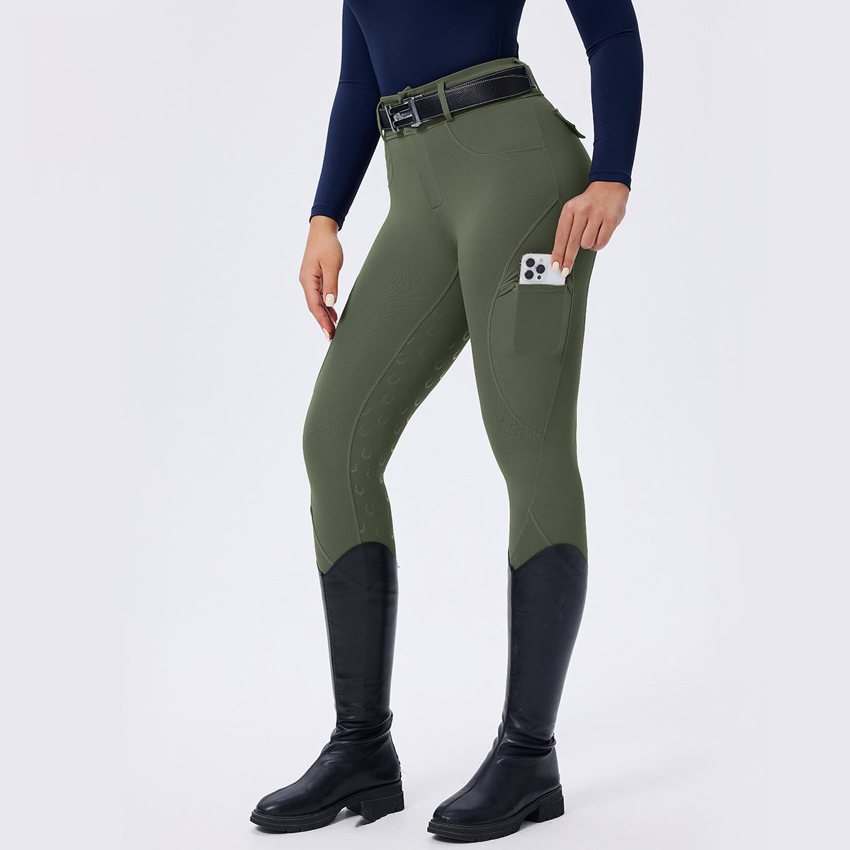 Horseshoe Silicone Grip High-Waist Equestrian Breeches with Decor Pockets