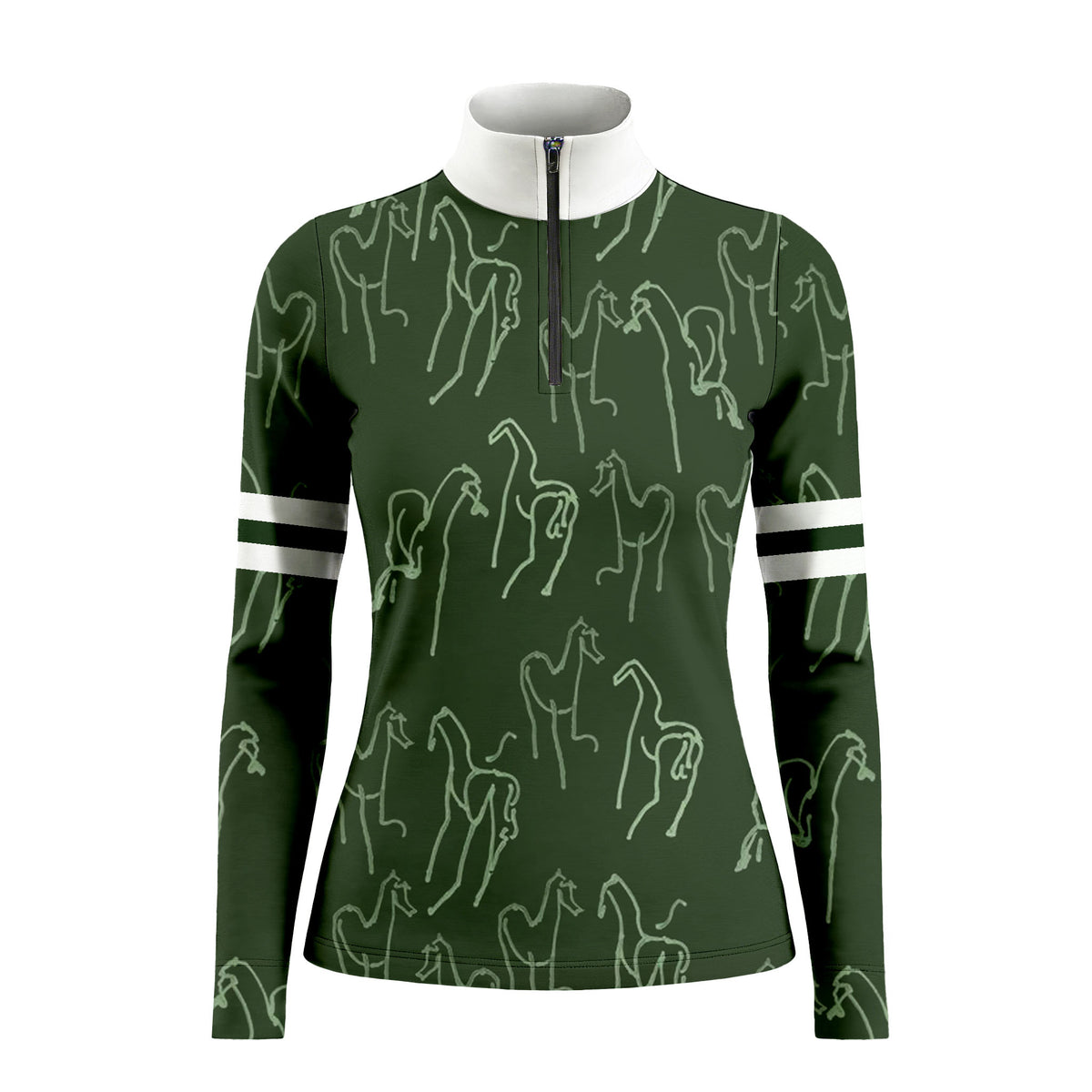 White background studio shot of dark forest green allover sage line art horse print contrast white collar double stripe sleeve long sleeve quarter zip riding top
