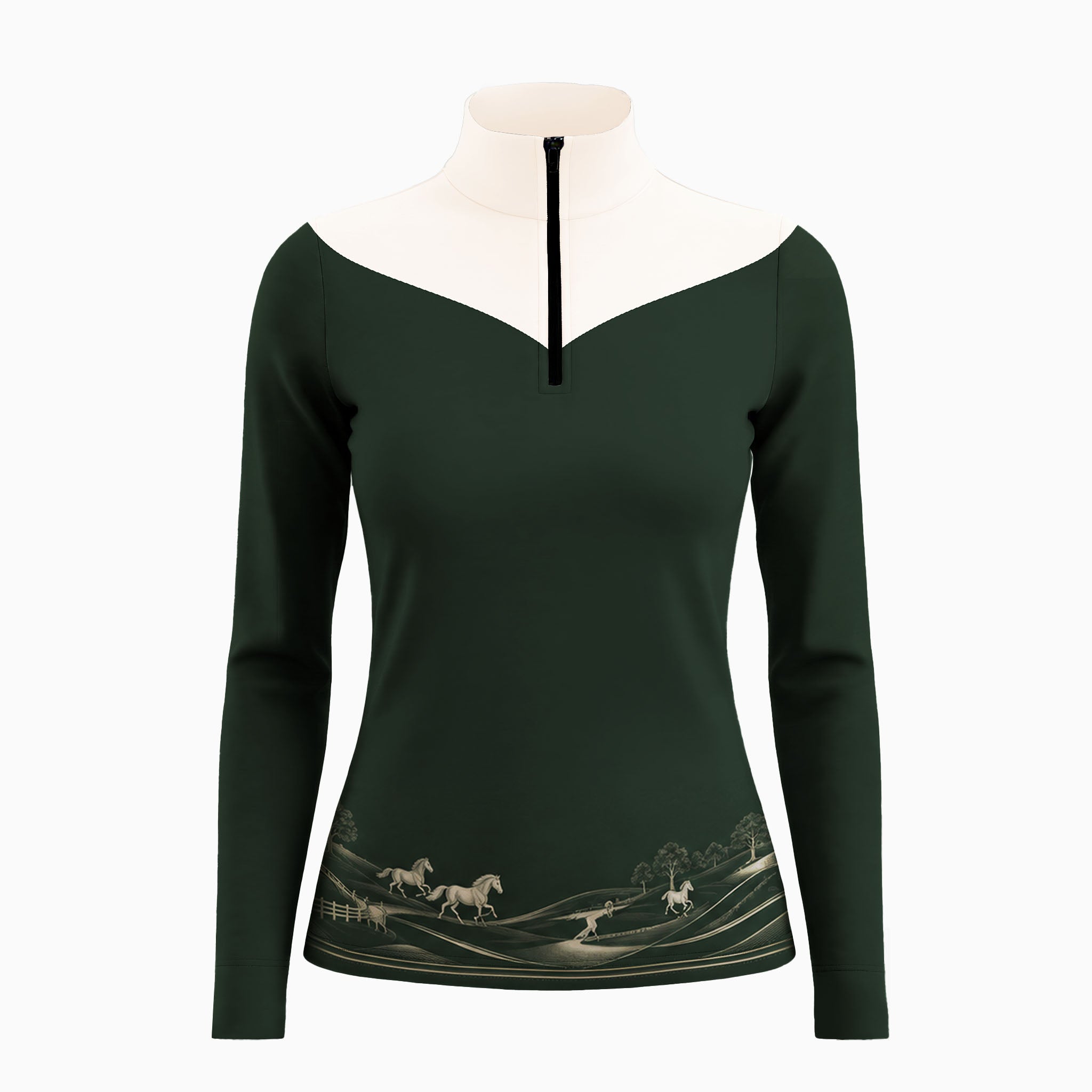 White background studio shot of color-block riding top with white V shoulder panels, forest green fabric and golden pasture horse landscape hem print

