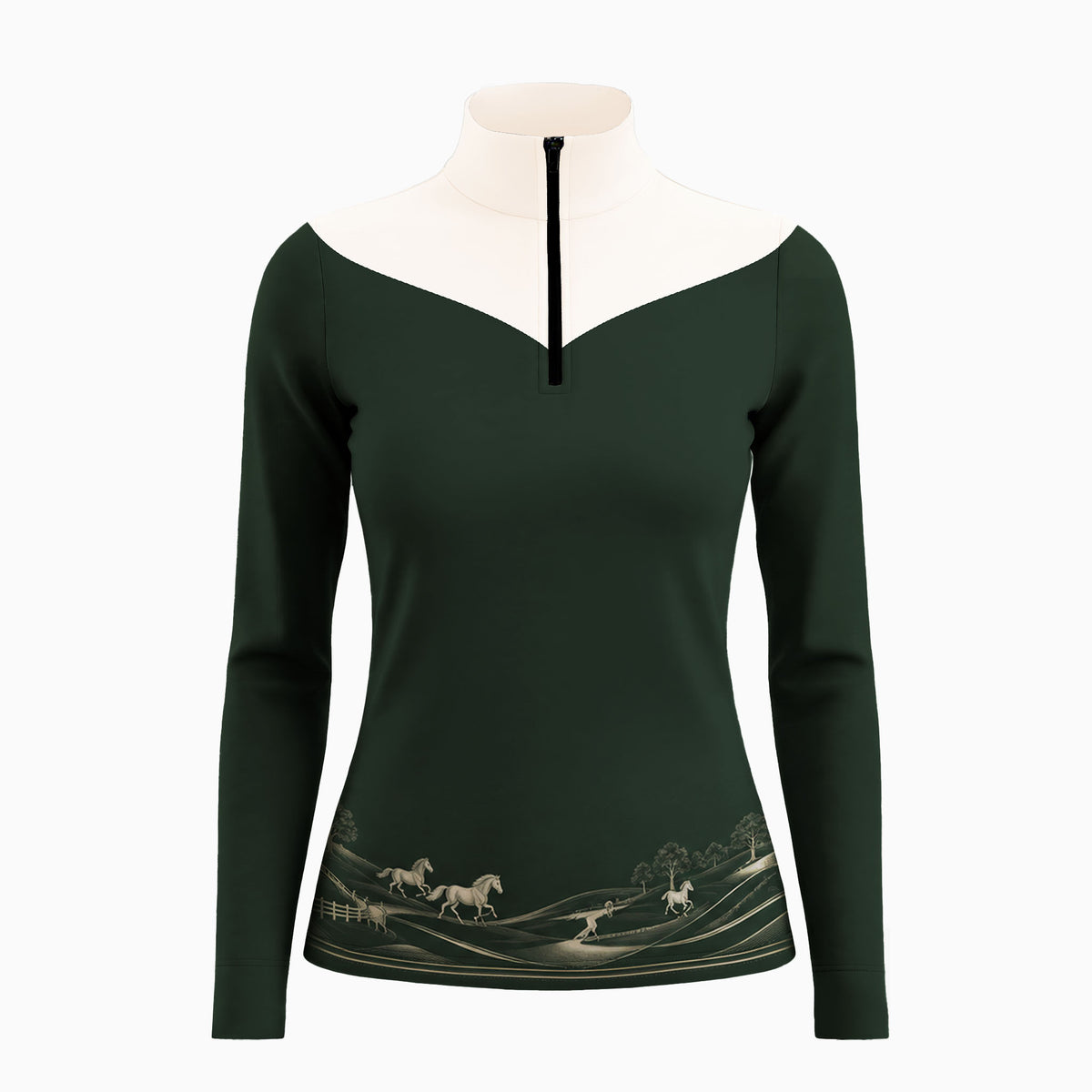 White background studio shot of color-block riding top with white V shoulder panels, forest green fabric and golden pasture horse landscape hem print
