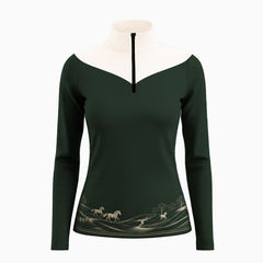 White background studio shot of color-block riding top with white V shoulder panels, forest green fabric and golden pasture horse landscape hem print
