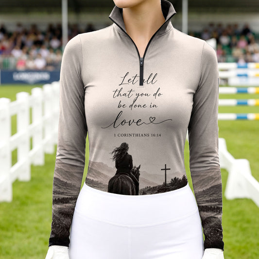 White background studio shot of grey gradient 1 Corinthians 16:14 scripture horse rider mountain cross landscape allover print long sleeve quarter zip riding top
