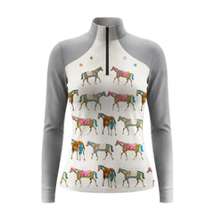 White background studio shot of grey color block watercolor blanketed horse print long sleeve quarter zip riding top