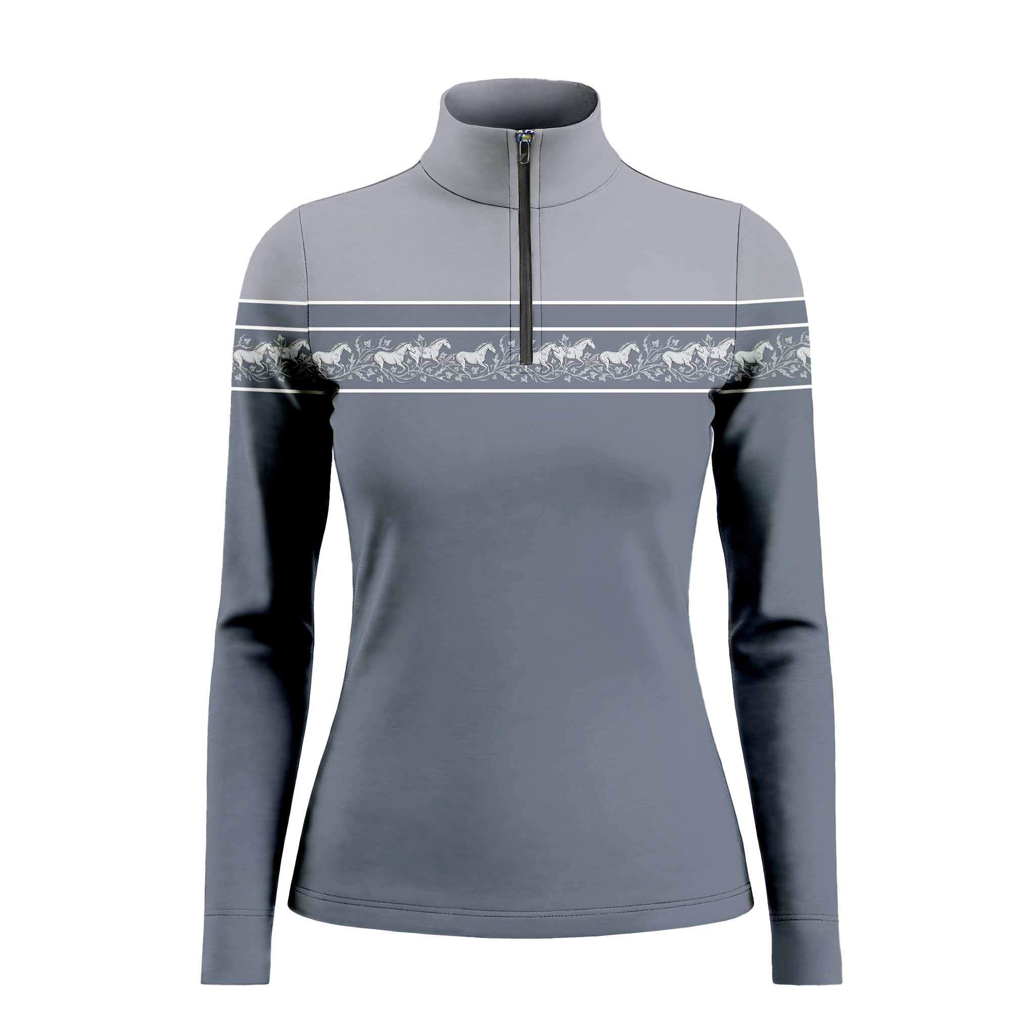 Clean white background studio mockup of light grey silver color block running horse border stripe long sleeve quarter-zip riding top
