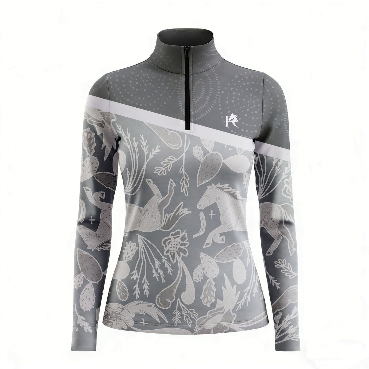 Gray long-sleeve shirt with nature-themed design on a white background