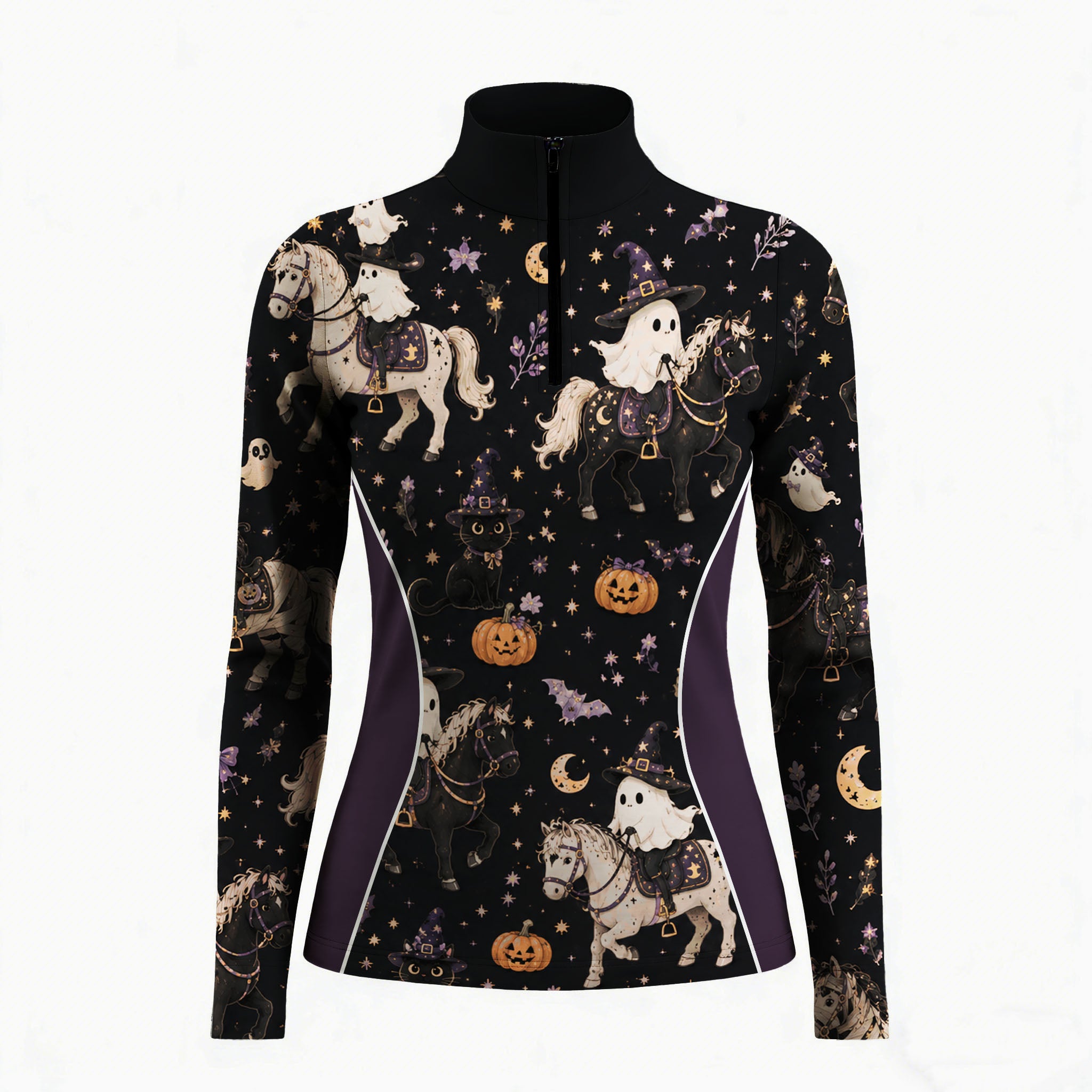 Studio white‑background flat product mockup of women’s black‑purple color‑block long‑sleeve quarter‑zip riding top with full Halloween ghost‑rider pumpkin moon‑star all‑over print
