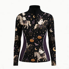 Studio white‑background flat product mockup of women’s black‑purple color‑block long‑sleeve quarter‑zip riding top with full Halloween ghost‑rider pumpkin moon‑star all‑over print