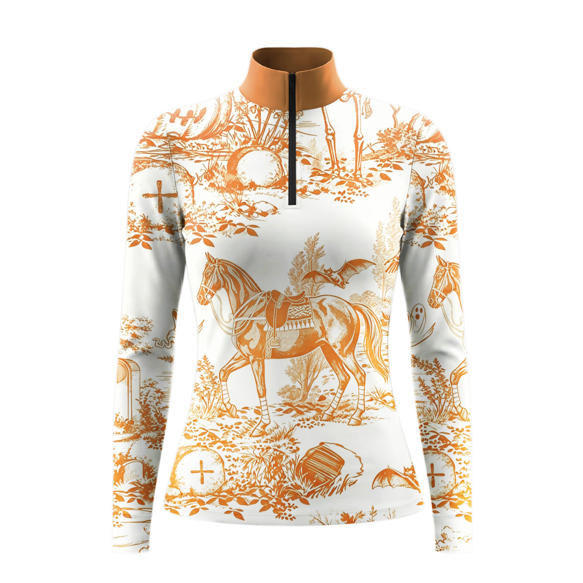 Studio white‑background product mockup of women’s white‑base long‑sleeve quarter‑zip riding top with orange toile‑de‑jouy Halloween graveyard horse bat ghost all‑over print
