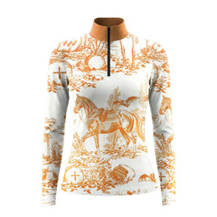 Studio white‑background product mockup of women’s white‑base long‑sleeve quarter‑zip riding top with orange toile‑de‑jouy Halloween graveyard horse bat ghost all‑over print