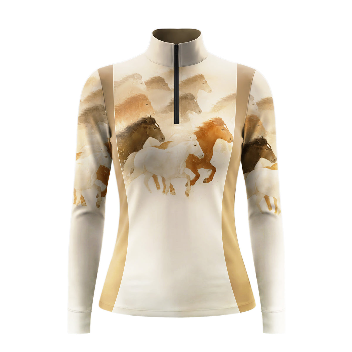 Clean white‑background studio mockup of cream tan color‑block quarter‑zip long‑sleeve riding top with watercolor galloping horse herd print