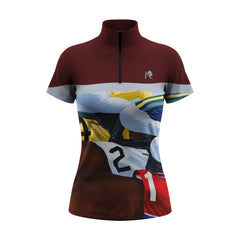 Studio flat view of the Horse Racing Finish Print Short-Sleeve Quarter-Zip Riding Top, showcasing the full print details
