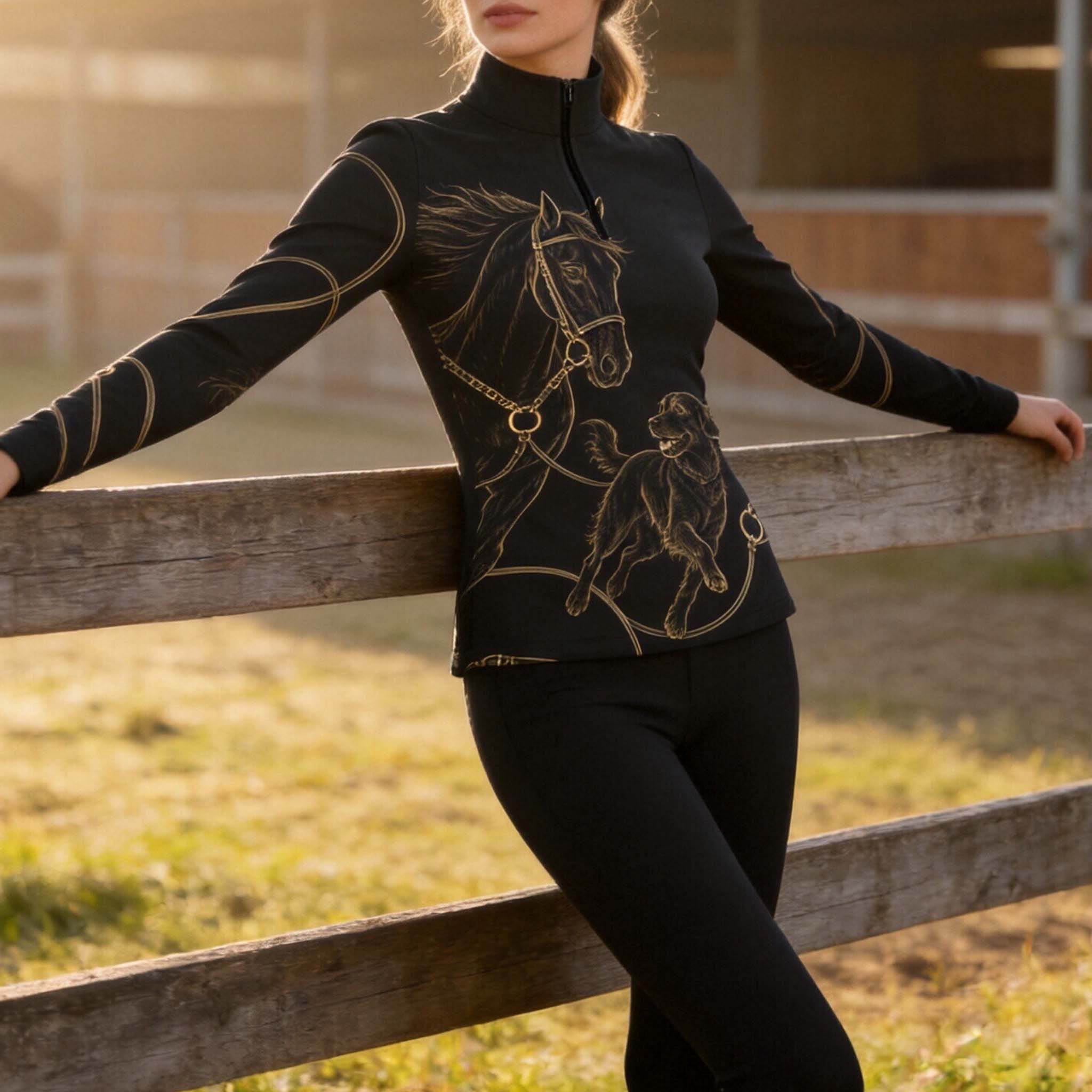 Golden hour pasture lifestyle shot of female model leaning on wooden fence wearing black horse‑retriever dog graphic riding top
