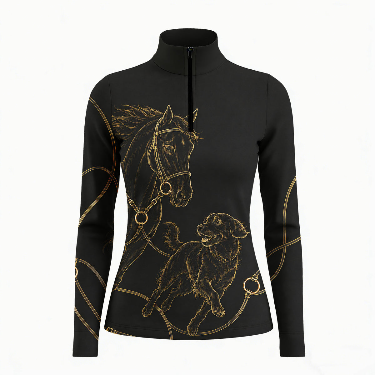 Clean white studio mockup of black gold line‑art horse and retriever dog print long‑sleeve quarter‑zip riding top