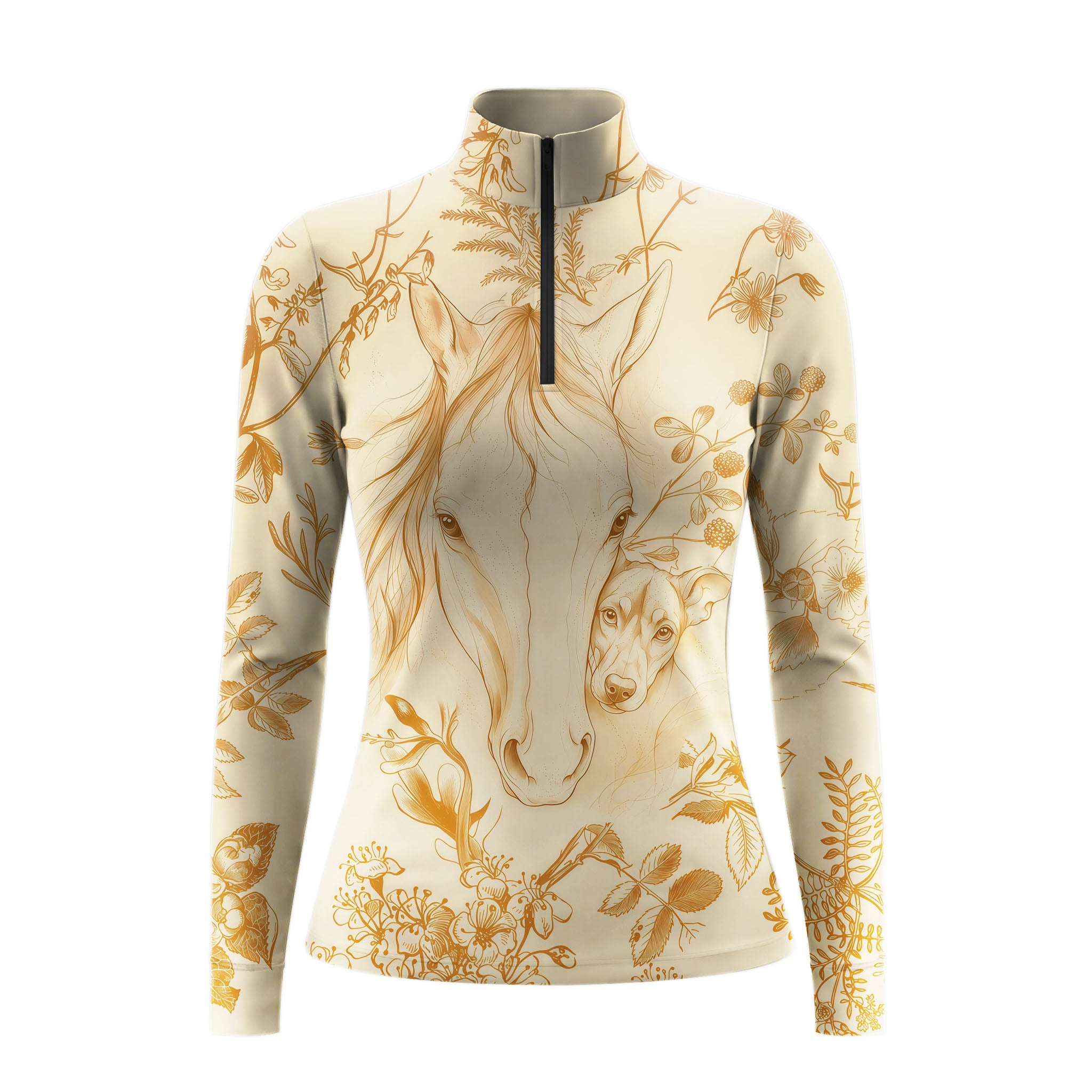 Clean white‑background studio mockup of cream quarter‑zip long‑sleeve riding top with horse, whippet dog and botanical sketch print