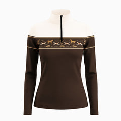 White backdrop studio flat product photograph showcasing the full pattern and color blocking of the long sleeve riding top
