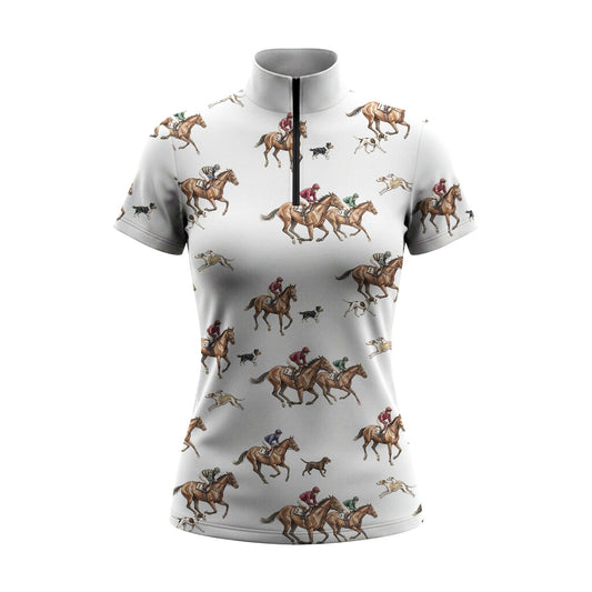 White background studio shot of soft off-white vintage watercolor hunt racing horse hound allover print short sleeve quarter zip riding top
