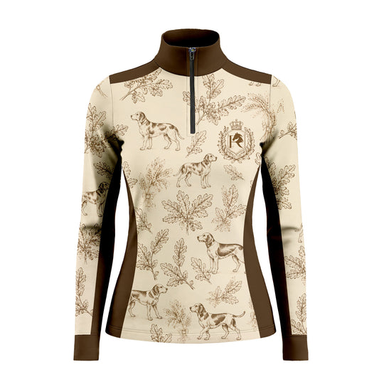 White background studio shot of cream brown color block sepia vintage pointer dog oak leaf crest print long sleeve quarter zip riding top